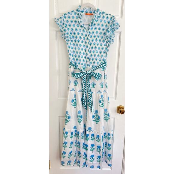 OLIPHANT Ruffle Collar Button Maxi Dress Blue White Block Print Tuckernuck M - Picture 6 of 9
